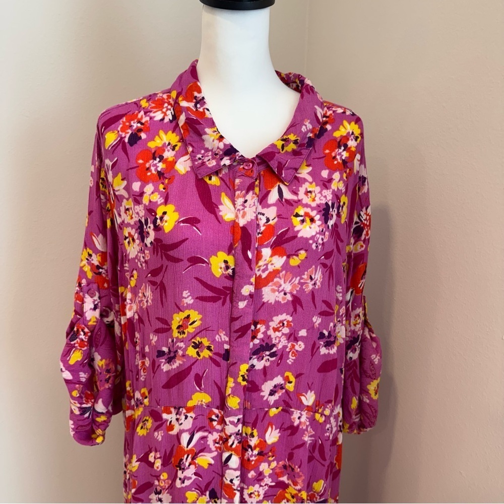 Woman Within Floral Pink Maxi Shirt Dress Roll Tab Sleeve Boho Spring 28W - Picture 4 of 7